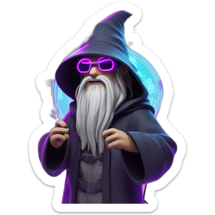 Gandalf wearing a black hoodie with "OMG" letters on it and VR headset in a cyberpunk VR environment with violet neon lighting. sticker