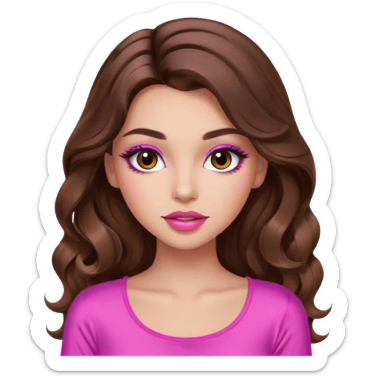 girl with long wavy brown hair, brown eyes, long lashes makeup, sexy pink lips, light to medium complexion, wearing a pink sexy top sticker