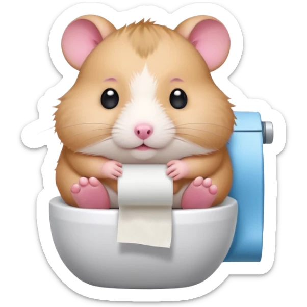 Cute chubby cartoon-style hamster sitting on toilet holding toilet paper looking as if he had an accident, sticker-style illustration sticker