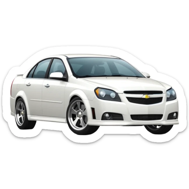 A cinematic, high-detail photograph of a glossy white Chevrolet Optra Magnum sedan with tinted windows and custom alloy rims sticker