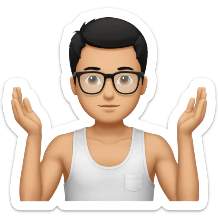 portrait of man, wearing a tank top, square glasses, black hair sticker