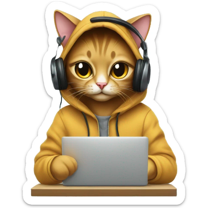 cat is a graphic designer in a hoodie and headphones, working at a computer in photoshop sticker
