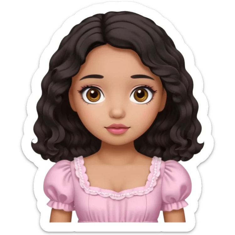 Tan skin girl, brown Asian eyes, black soft wevy hair, doll  beabadoobe makeup, baby pink Victoria dress  sticker