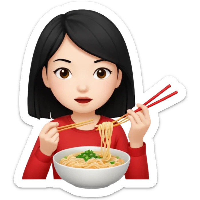 girl with black hair in 收人头、 eating noodles sticker