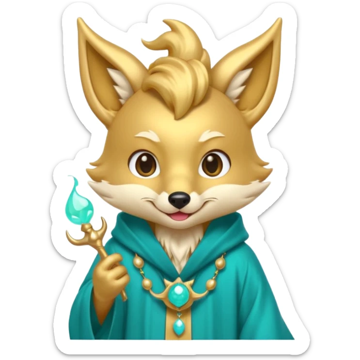 Cute chibi teal fox-dragon emoji with small antler horns, playful face with tongue out, swirl eyebrows, gold forehead mark, teal-gold robe, holding glowing blue orbs, soft pastel vector style. sticker