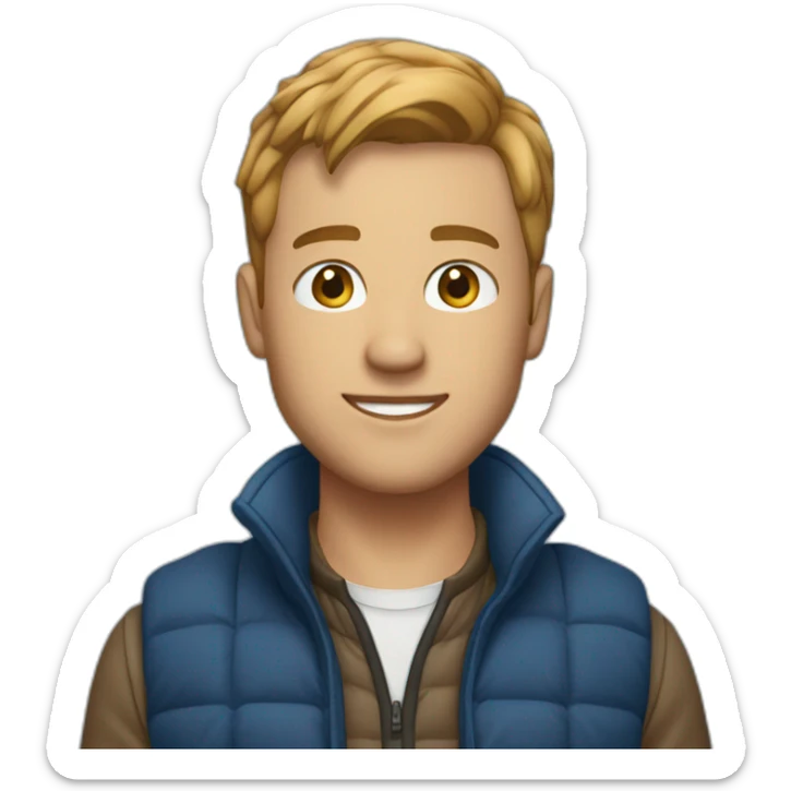 Finance bro with light brown short flow hair and puffer vest over blue shirt sticker