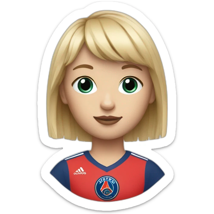 Blonde short hair fringe girl, blue eyes, a 1980 PSG jersey and a baguette sticker