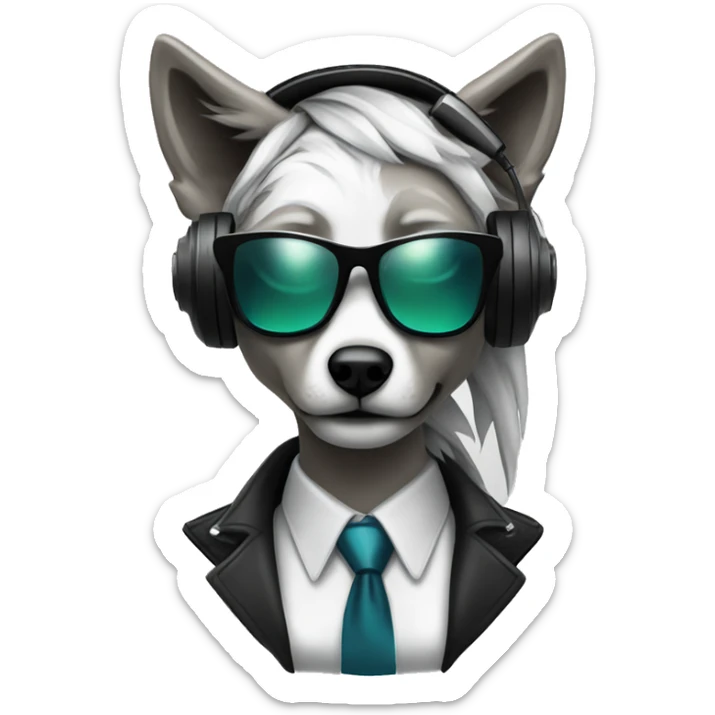 A beautiful cyberpunk female Wolf  black tie wearing sunglass and headphones sticker