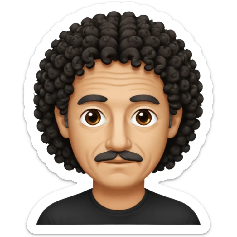 60 year old Greek man with short black curly frizzy thin hair that sticks up and has a black shirt sticker