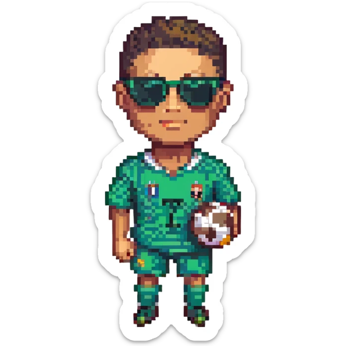 Create a pixel art style image of Ronaldo footballer wearing sunglasses with a football next to him. Focus on pixel art details and style. sticker