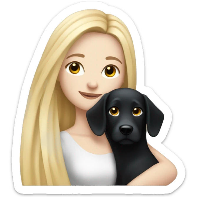 pretty woman with pale skin, very long blonde hair hugging a black dog sticker