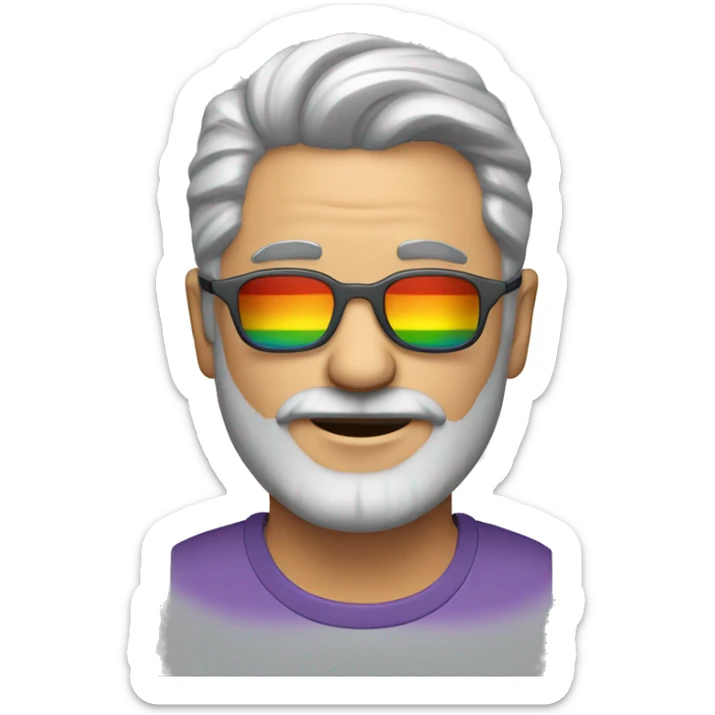 Gay British Man with grey hair and grey beard and with shades and earring with rainbow tshirt  sticker