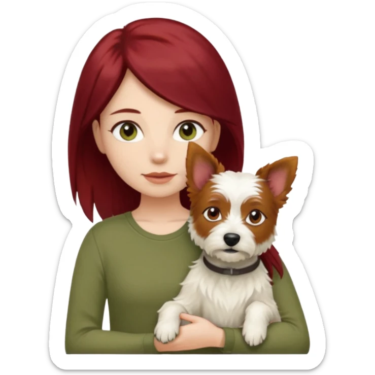 white terrier dog being held by woman with dark red long hair and hazel eye wearing olive green top sticker