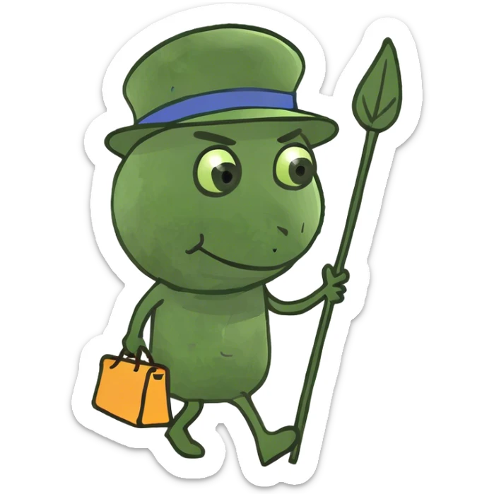 Person walking down the road with belongings in a bag tied to the endo of a stick sticker