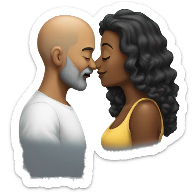 Bald and gray beard man kisses black long hair woman sticker
