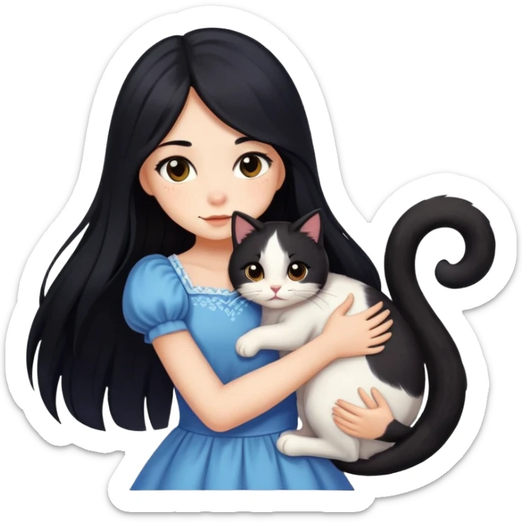 A beautiful girl with long black hair wearing a dress hugs a calico sticker