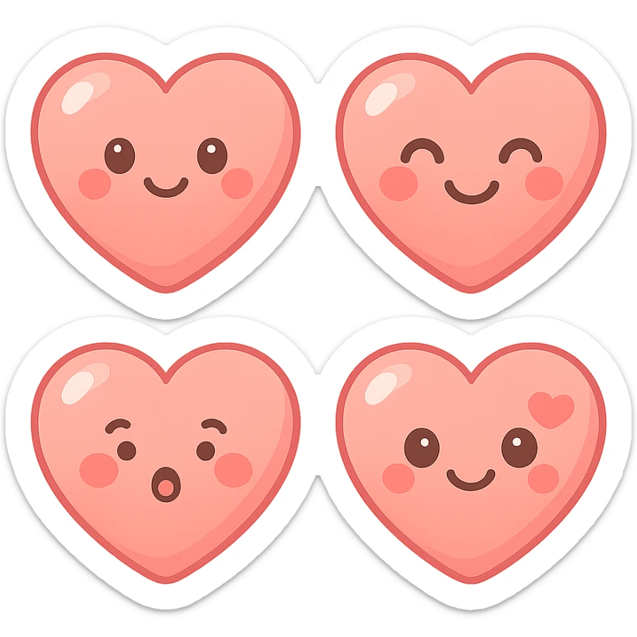 A series of illustrations heart in a kawaii emoji style, with detailed shading and highlights, thin clean outlines, soft and rounded features. Pastel color palette using  #FE655F, #F4A6A6,#FECDC9 The style is inspired by modern Japanese pop art and sticker aesthetics. Highly detailed, vector clarity, soft lighting and subtle shadows. Transparent background without background. sticker