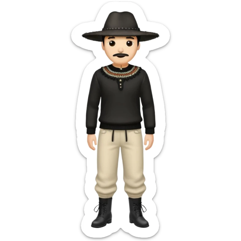 Crea a un hombre con pantalón acampanado zapatos negros un suéter como con fleco en los brazos y una clas de sombrero 👒 pero plano alrededor sticker