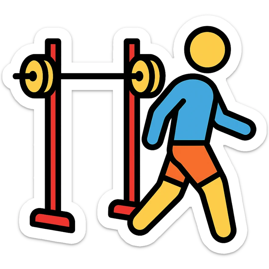 playful bold stylized icon of a person walking away from a squat rack, fitness context sticker
