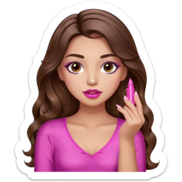 girl with long wavy brown hair, brown eyes, light to medium complexion, in a pink sexy top, pink lips, long lashes, puckered lips, showing my nails sticker