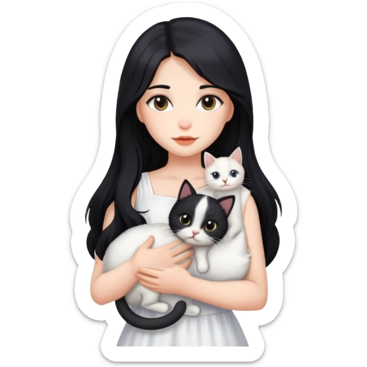 beautiful girl with long black hair wearing a white dress holding a cat in her arms sticker