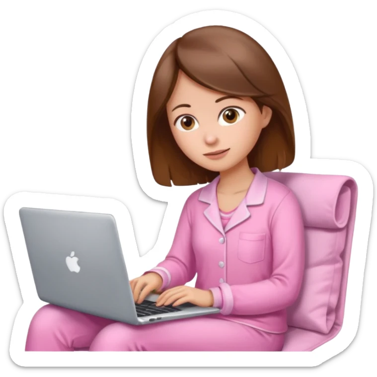 A brown hair, white skin woman at home with pink pajamas scrolling, with a laptop open to a work document looking laptop sticker