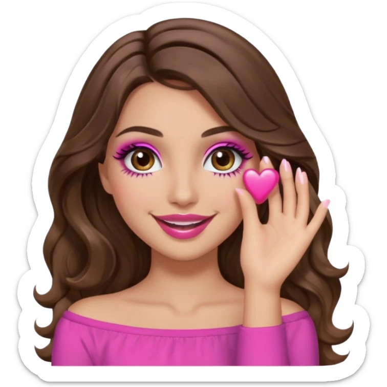girl with long wavy brown hair, brown eyes, long lashes makeup, sexy pink lips, light to medium complexion, pink sexy top, smiling, hand covering eyes sticker