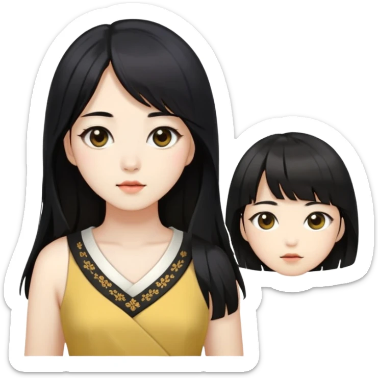 Dress in Korean style, Yellowish white skin, dark brown eyes, long black hair down to the navel, cut in layers, side-swept bangs.  sticker