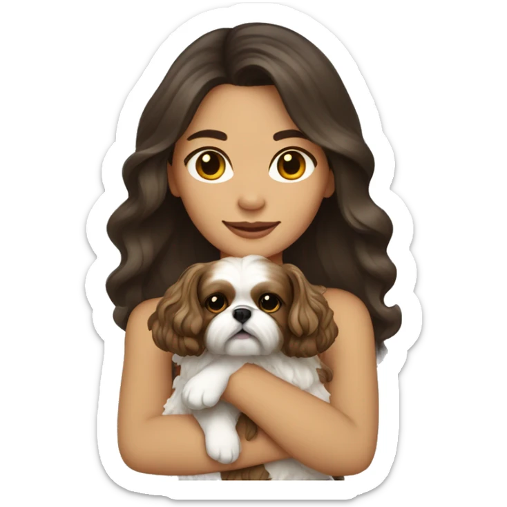 Young dark brunette medium kin hair woman with a golden shih tzu in her arms long wavy hair sticker