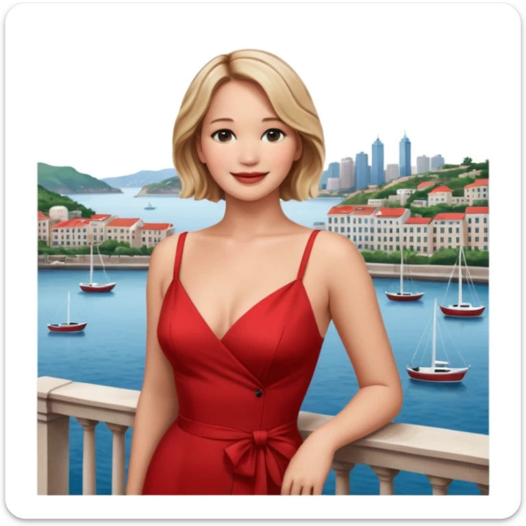 jennifer lawrence, red dress leaning on a balcony with a harbor and cityscape in the background, smiling, closeup sticker