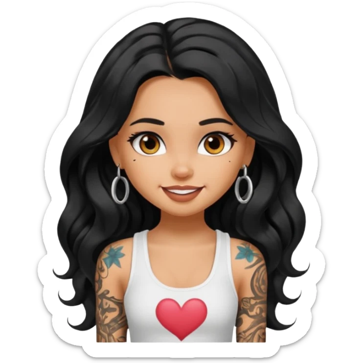 a pretty tan bratz girl with long wavy black hair, wearing a white tank top. with full tattoos sticker
