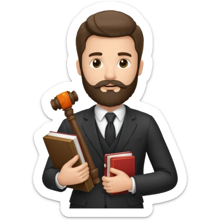 Create a male lawyer. he is wearing a fromal suit jckeret. He is holding a gavel in one hand and a book tucked under his another arm. He has beard. And the hair is kinda darker but not black sticker