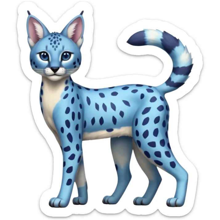 Colorful bluish blubbery-blue cute adorable tropical exotic fruity rosy Caracal-Cheetah-Serval-Snow-Leopard-Trico-Sergal-Vernid-fusion-hybrid-animal-creature, full body, with tribal markings sticker