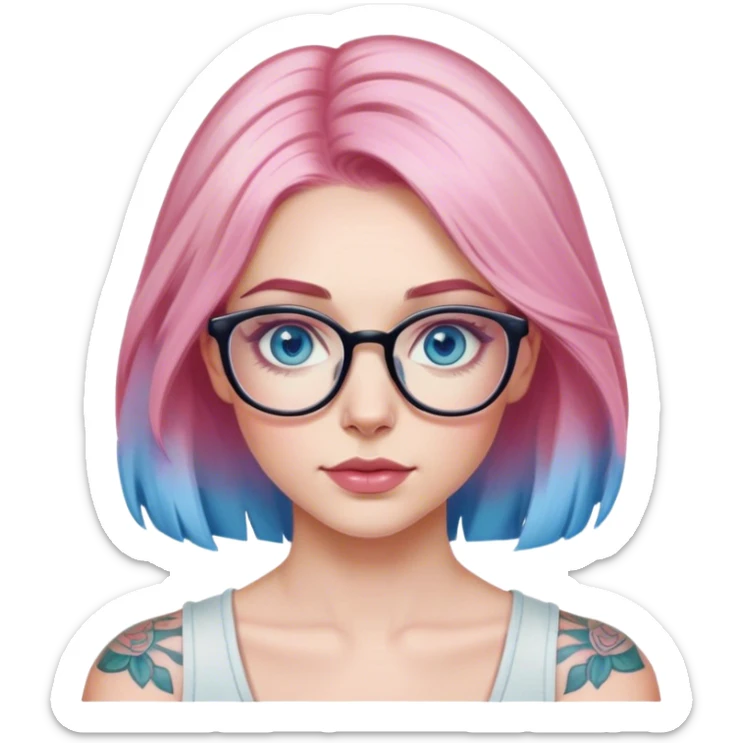 Hyper Realistic model, pale woman, pink balayage hair, blue eyes and glasses, shoulder tattoo  sticker