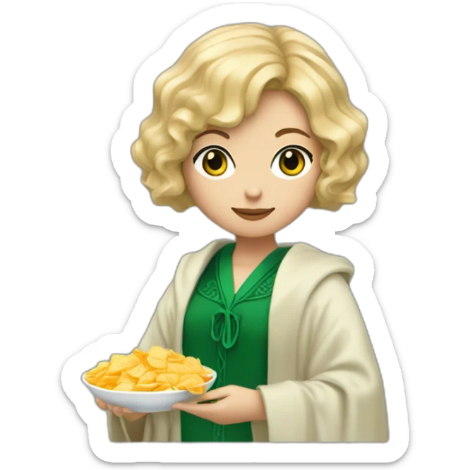 Blue eyes Slytherin girl with short wavy ash blonde bob hair eating chips and cheese hogwarts robe sticker