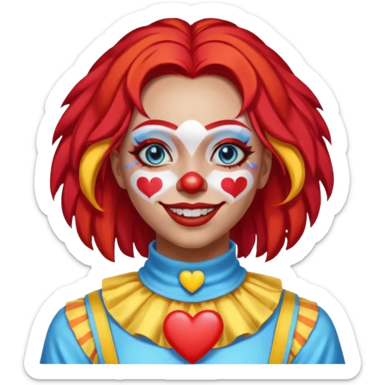 wendy thomas  the clown from gta rp nopixel she has a blue sun on covering right eye with three yellow lines below her right eye and above her left eye. she has long bright red hair and light blue eyes with a heart choker sticker