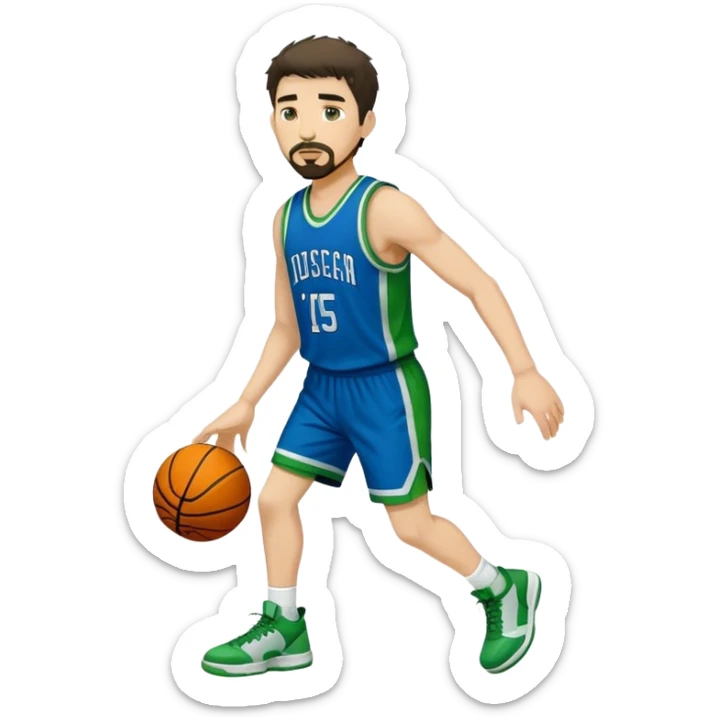 Full Body white male basketball player with short dark shaggy hair and goatee wearing blue and green uniform sticker