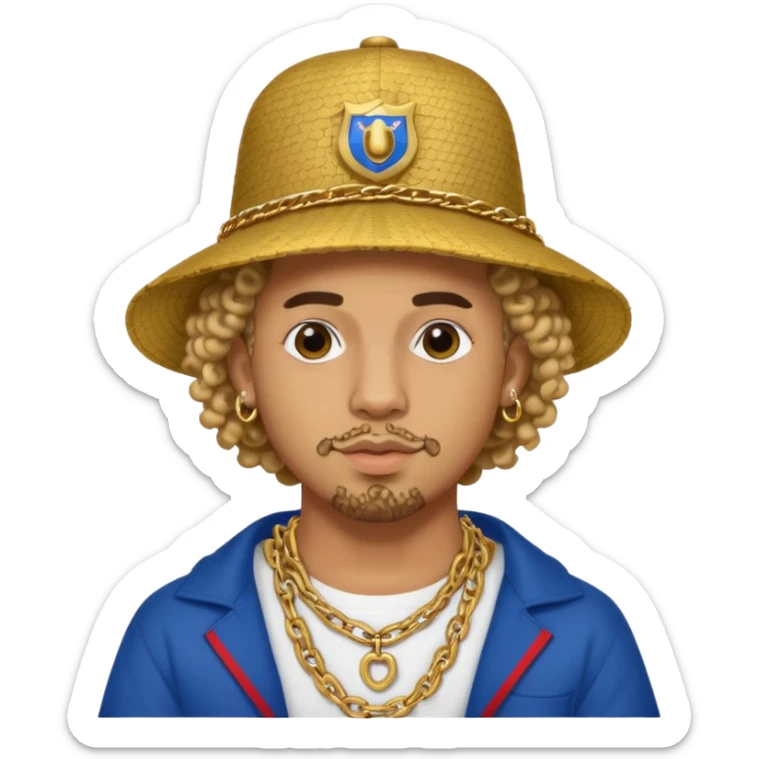 An emoji of Bad Bunny, the superstar from Puerto Rico. The singer. His hair is curly. He has a padlock beard. An an traditional boricua hat.  sticker