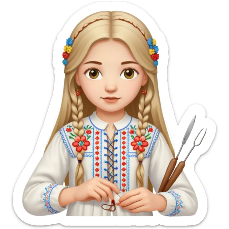 Ukrainian young girl with long hair wearing a white embroidered traditional shirt (vyshyvanka) holding sewing tools like a needle and thread sticker