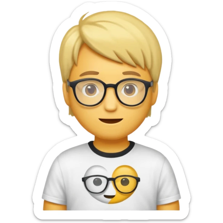 Erstell mir ein emoji von einer gut aussehenden Person. Diese sollte Männlich, ohne Bart mit Brille, guter Frisur und jung sein. Er soll sehr intelligent wirken, noch dazu sollte man sein T-shirt oder Hoodie sehen. sticker