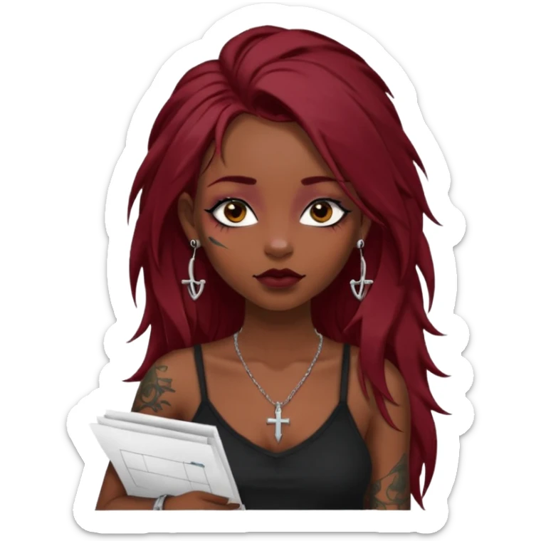 generate an ios genmoji of a girl with long dark red messy hair with eyeliner on her eyes.  septum piercing, wearing a cami black top, has tattoos, on shoulders. ear piercings. wearing a cross silver necklace. carrying a tote bag on her shoulders with chart paper peeking out. sticker