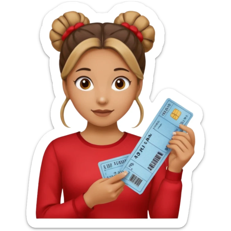 A girl with a bun of hair, wearing a red long-sleeved shirt and holding theater tickets sticker