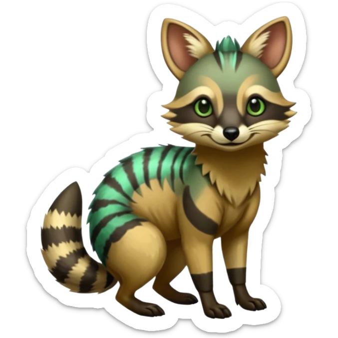 Shiny Green Colorful Dusky Dark Gloomy Glossy Aardwolf-Maned-Numbat-Tanuki-Genet-Bobcat-fusion-animal-hybrid-creature, full body sticker
