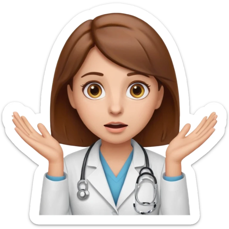 Surprised female doctor emoji with brown hair, both hands on her cheeks, big expressive eyes, clean emoji style sticker