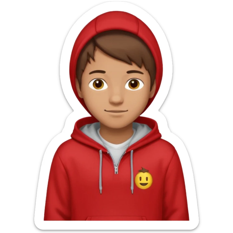 make me an emoji of an americain 19 yearold boy in a red hoodie that says "south" on it and give him with tan skin with his hands in his hands in his pocket wth a small smile with his hood on sticker
