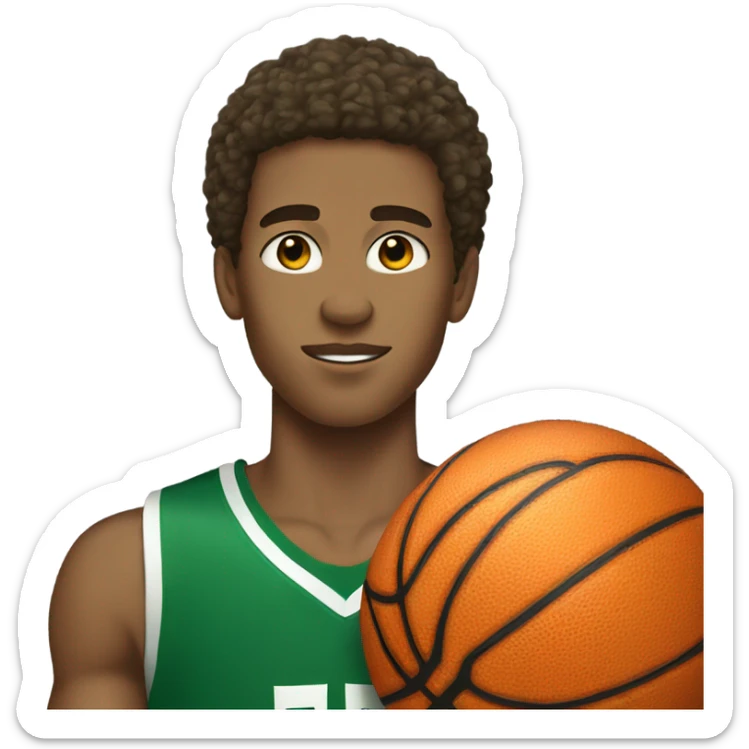Afro light-skinned muscular male teenager in a green basketball uniform holding a basketball.  sticker