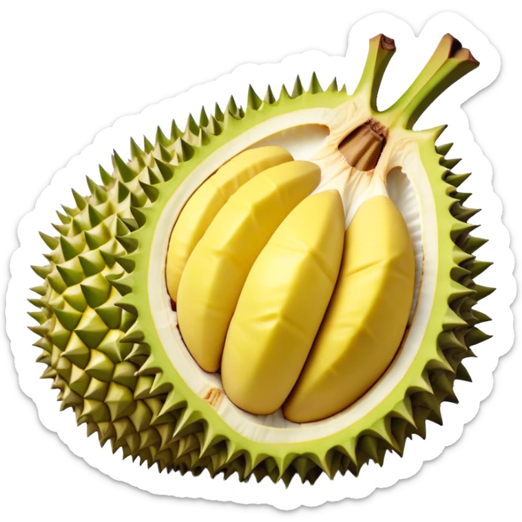 Cinematic Realistic Durian Fruit Dish Emoji, depicted as the notorious spiky fruit with a rich, custardy interior rendered with lifelike detail and bold, distinctive lighting. sticker