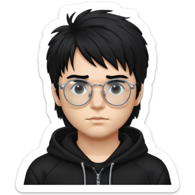 chrome hearts glasses,man, black hair,white,normal,fluffy fringe,black hoodie sticker