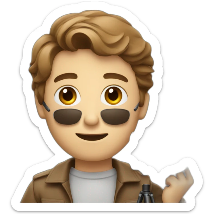 European film director with brown piled short hair holding a cinema camera sticker