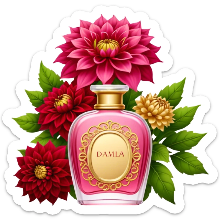 An elegant perfume bottle in Angel Pink with intricate golden details, standing beside a lush bouquet of Vivid Red and Deep Red Dahlias, softly illuminated in a romantic, warm glow sticker